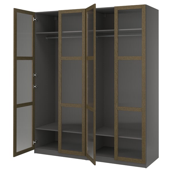 Ikea PAX wardrobe, grey-brown wood glass, open