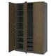 A tall, dark brownish-gray PAX wardrobe with both sections open, revealing multiple shelves and a mesh basket for storage.