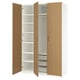 Open wooden wardrobe with white interior, shelves, and drawers.