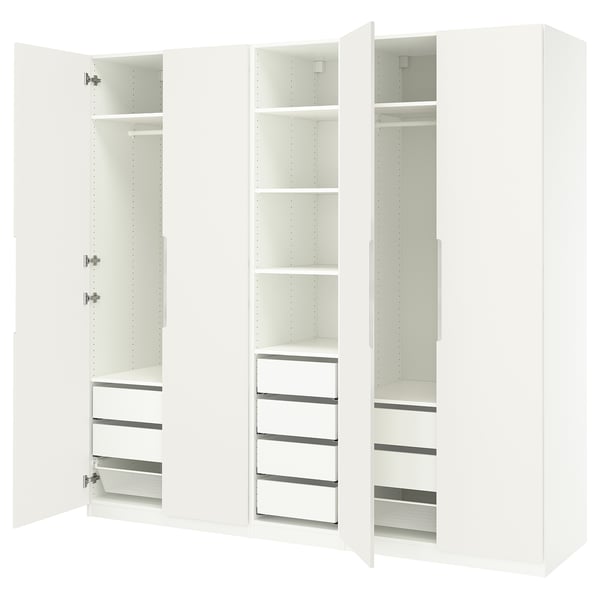Three-section white wardrobe with shelves, drawers, and mesh baskets, featuring a sleek, modern design.