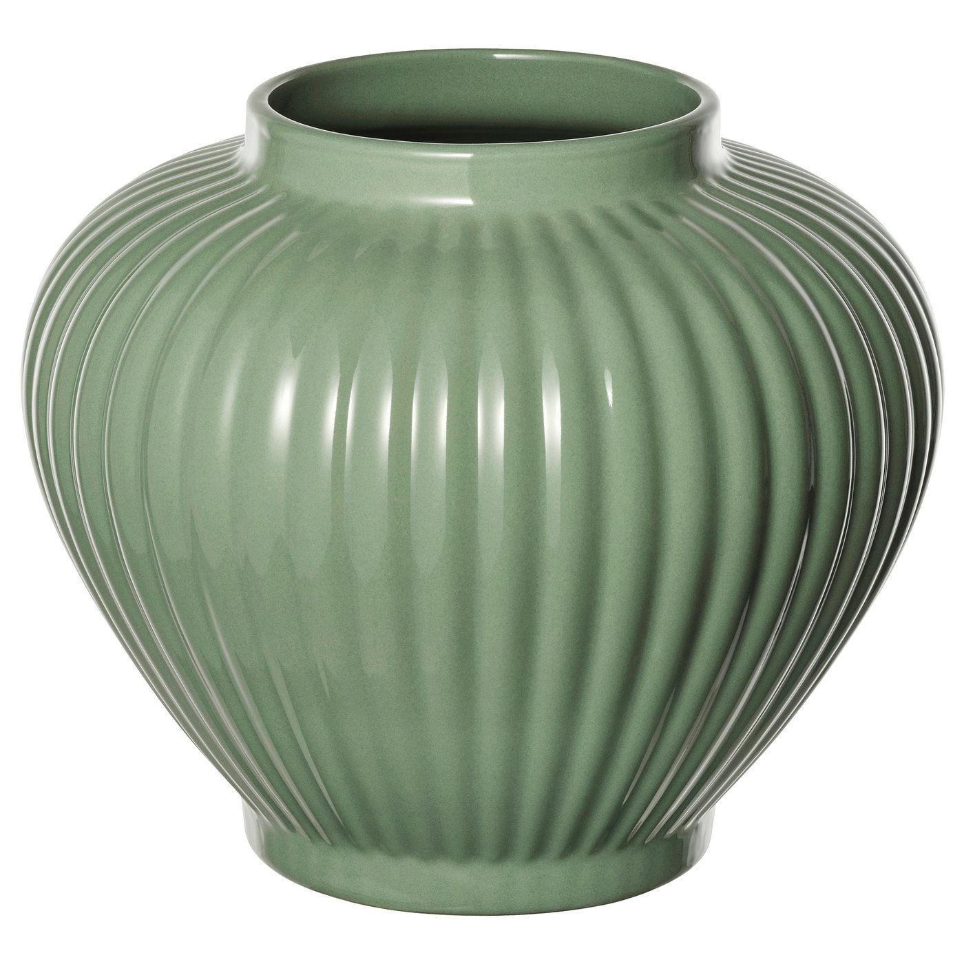 PELARBJÖRK vase: grey-green, glossy glazed stoneware, rounded bulbous shape, elegant vertical grooves.