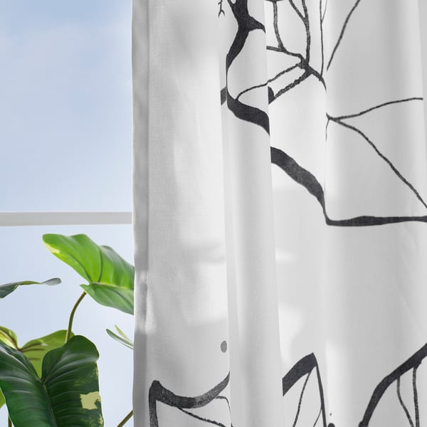 PELARKÖRSBÄR Curtains, 1 pair, white/black floral pattern/with heading tape, 145x300 cm
