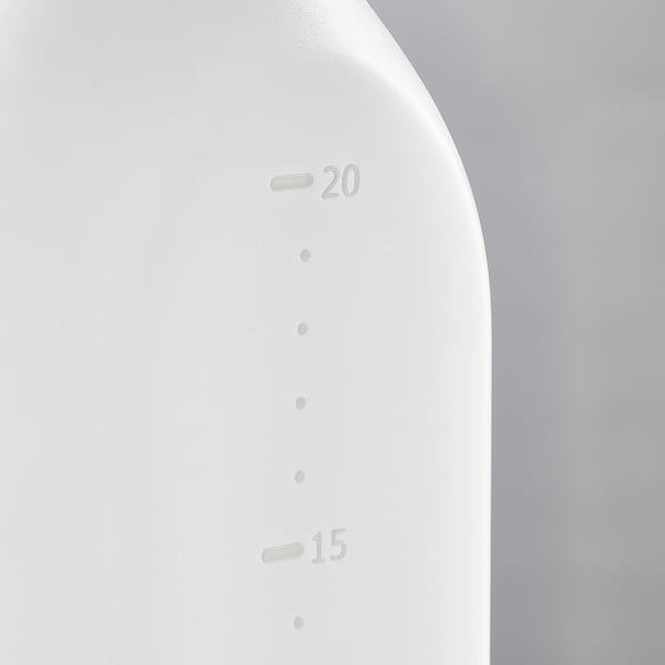 White spray bottle with measure markings. Shows levels 15 and 20. High quality, smooth surface.