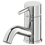 Polished chrome tap with cylindrical body, curved spout, lever handle, and temperature indicators.