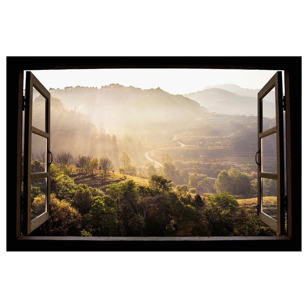 PJÄTTERYD: black-framed canvas wall art, scenic landscape through open window, lush greenery, distant mountains, natural lighting.