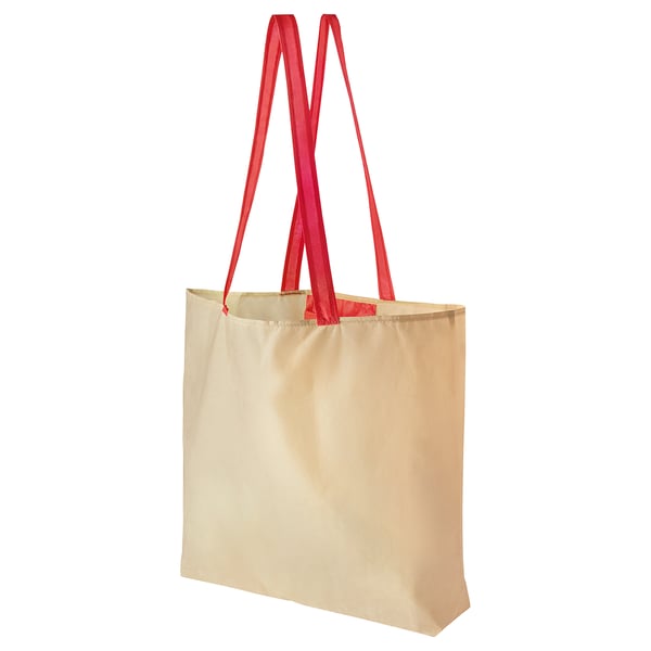 A beige shopping bag with red handles made of polyester. Its a reusable, eco-friendly tote.