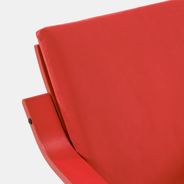 Bright red, modern armchair with smooth, curved backrest and cushioned seating, showing high-quality design and comfort.