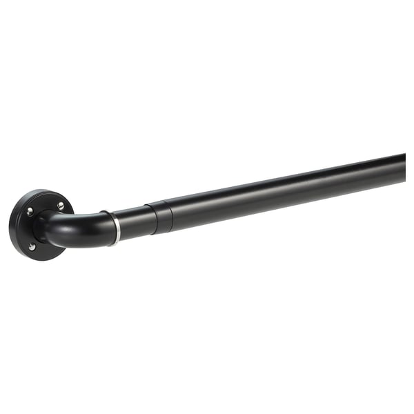 PRAKTSTENÖRT black curtain rod set, modern minimalist design, includes mounting hardware.