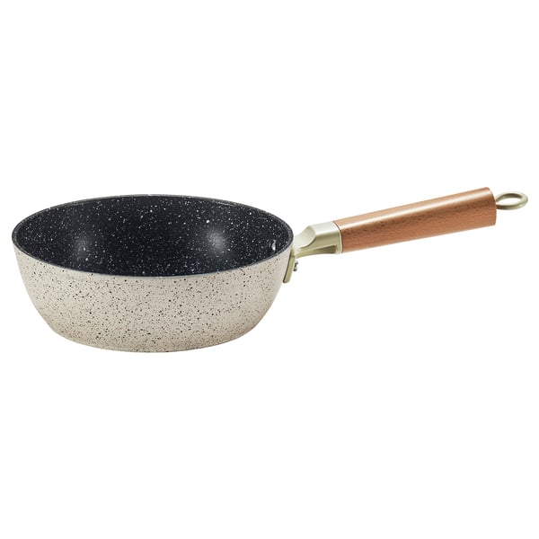 The puchellax frying pan in white with a wooden handle and gold accents, ideal for everyday cooking.