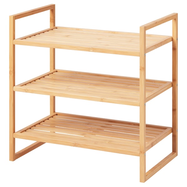 RÅGRUND, wooden 3-tier open shelf, natural colour, bamboo, rectangular shape, simple design.