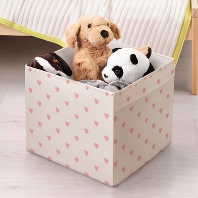 Heart-patterned toy storage box for kallax shelving, holding stuffed animals.