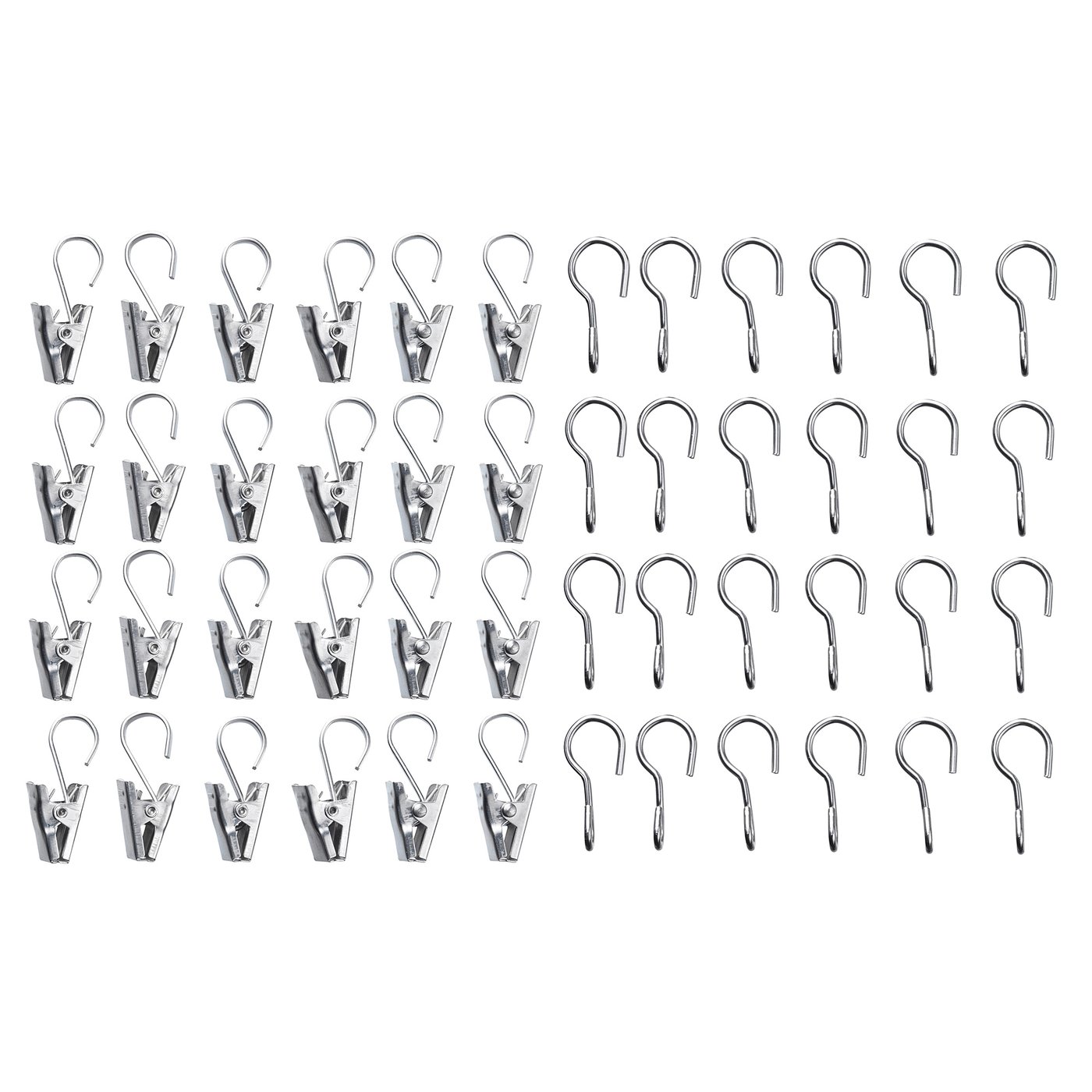 Silver stainless steel curtain clips & hooks. Organised, ideal for smooth sliding on wires, perfect for bathroom use.