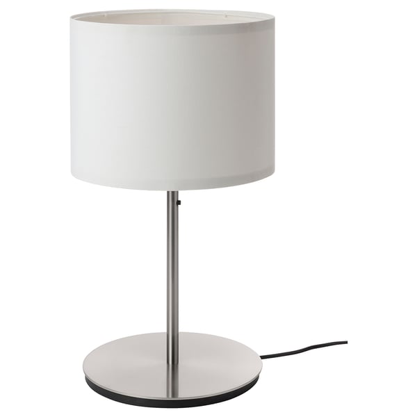 Modern white lamp with cylindrical shade & nickel base.