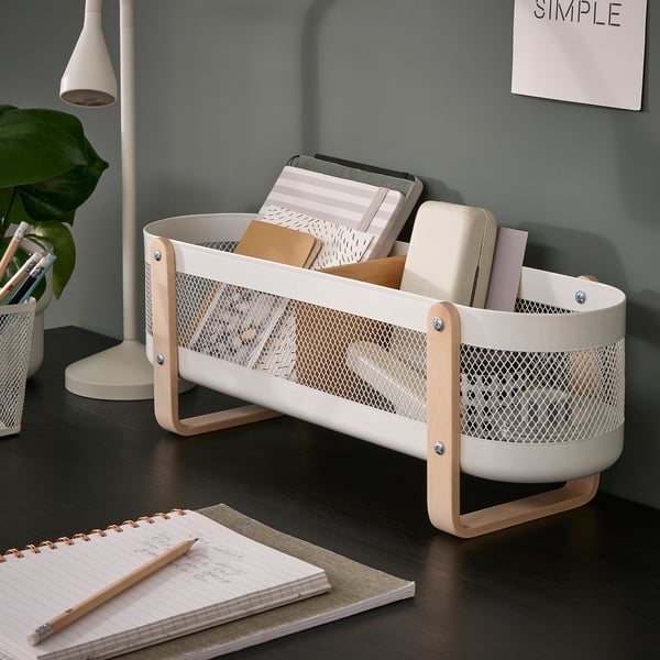 White RISATORP steel & birch desk organiser with mesh & 2 compartments.