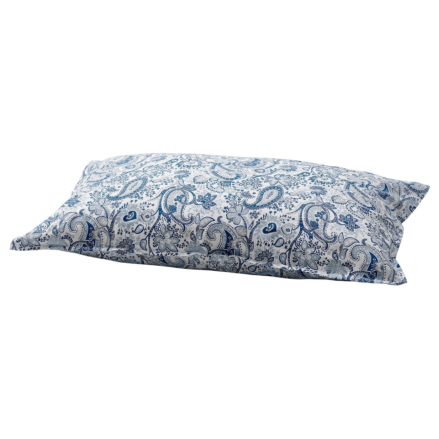 The RODGERSIA pillowcase is white with blue paisley patterns. Rectangular, soft cotton-viscose blend.