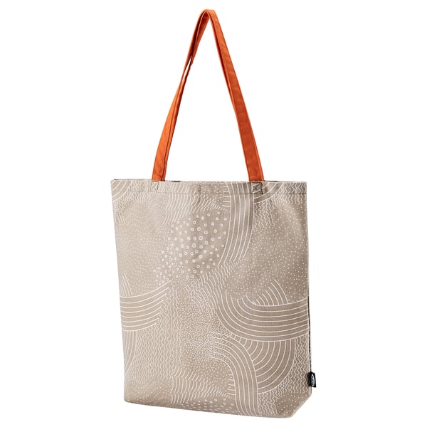 ROMELSÖN canvas tote bag, beige with white abstract pattern, long handles, rectangular shape.