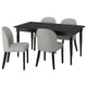 Modern black rectangular dining table with four grey cushioned chairs.
