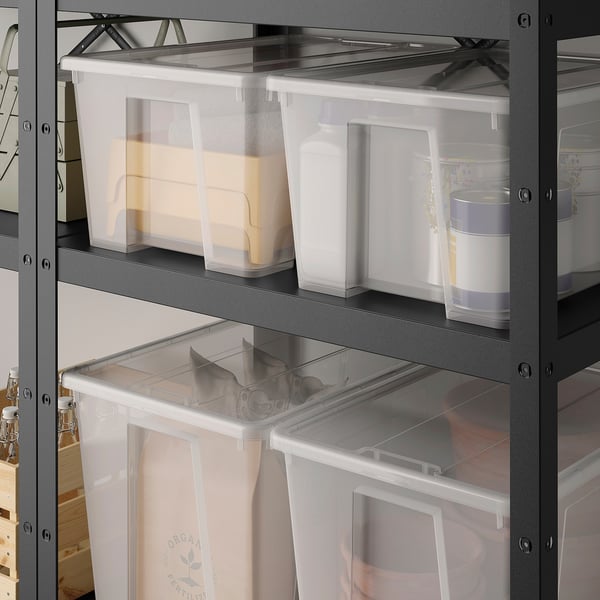 SAMLA storage with clear plastic boxes on metal shelf, showcasing contents, varying sizes.