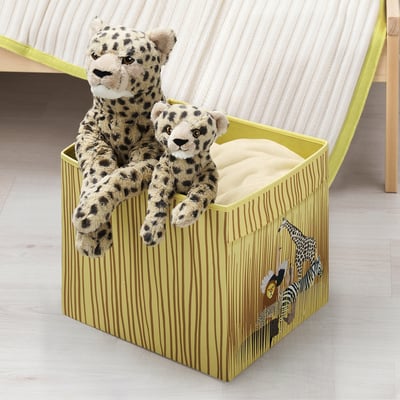 SANDLÖPARE green box with cheetahs, large for kallax, soft fabric.