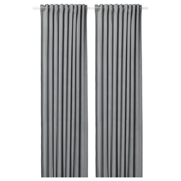 Pair of grey SANDSVINGEL velvet curtains, rectangular, with heading tape.