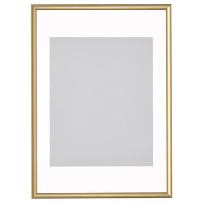 Empty gold picture frame, rectangular, with grey background.
