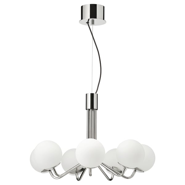 SIMRISHAMN chandelier; modern, white globe lights, chrome finish; round shape, elegant design.