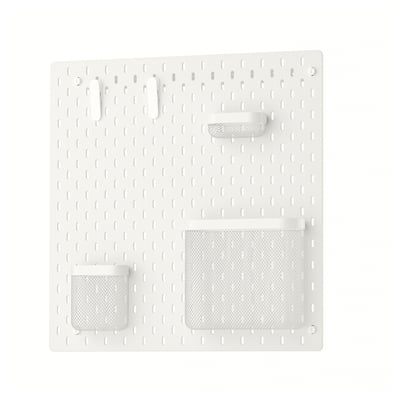 SKÅDIS, a white pegboard organiser with mesh pockets and clips. Perfect for home storage.