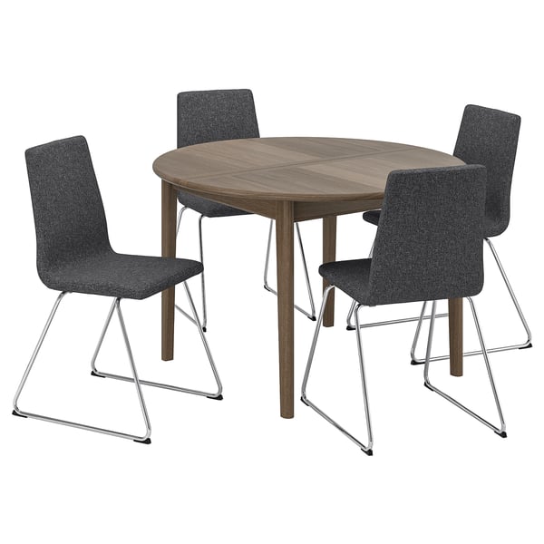Round SKANSNÄS dining set with 4 grey fabric chairs and wood table.
