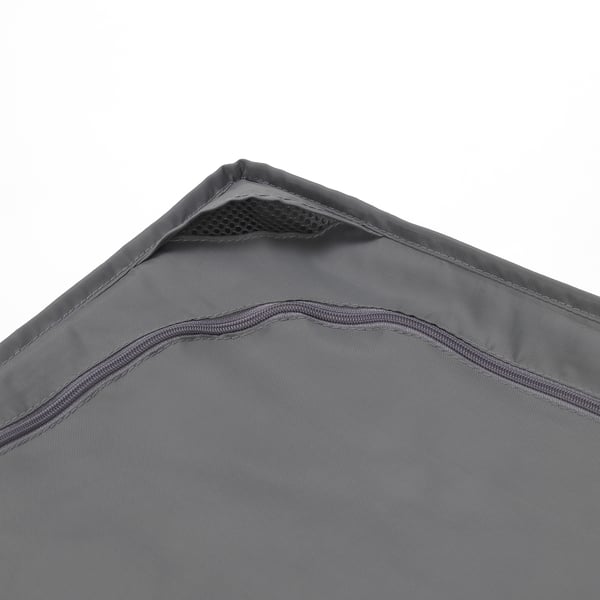 Grey fabric storage case with zip and mesh corners for ventilation. High-quality, recycled materials.