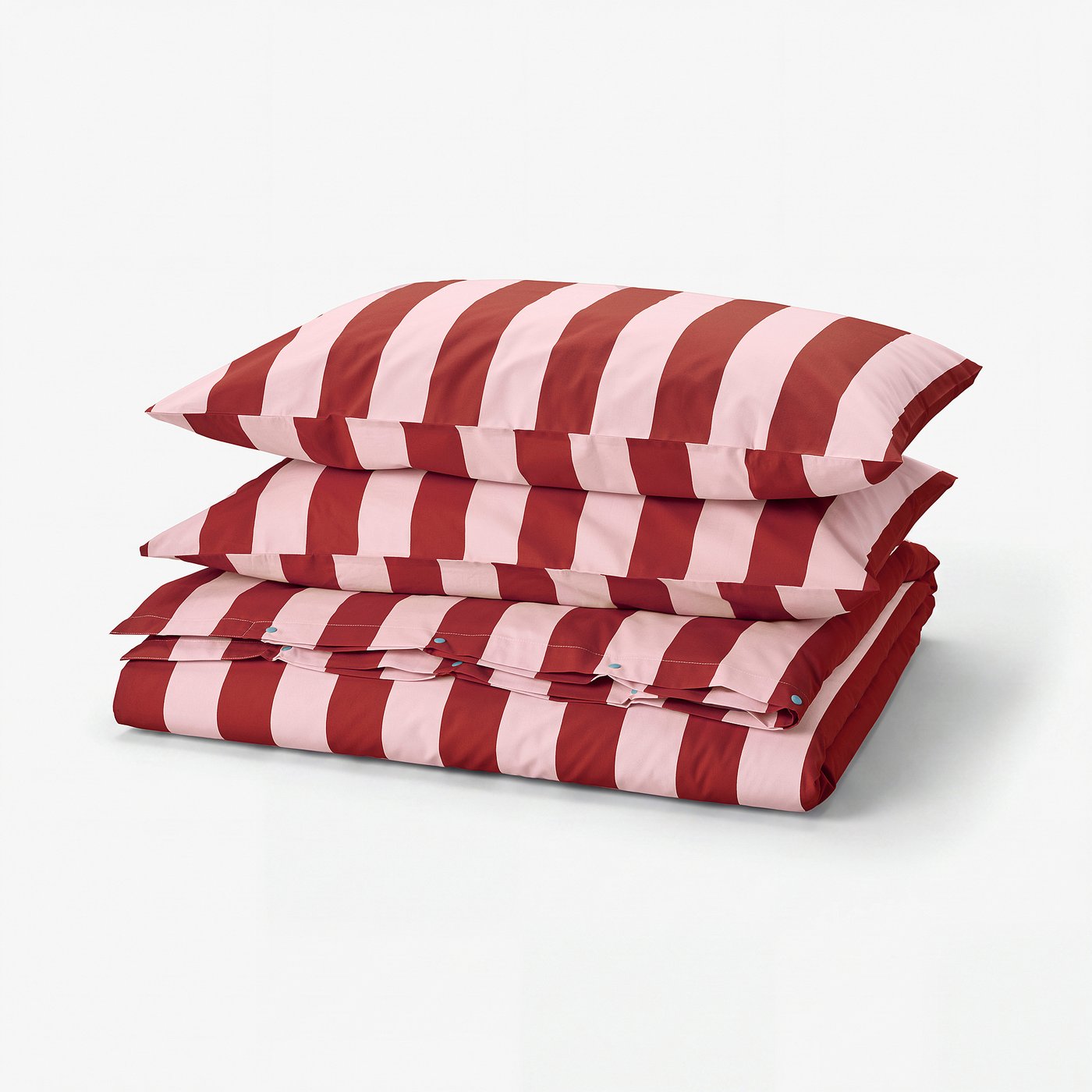 Pink and red striped bedding set featuring duvet cover and pillowcases with crisp, percale weave.
