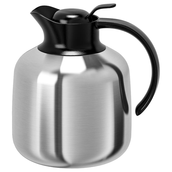 Silver SLUKA vacuum flask with black top and handle, sleek and cylindrical design.