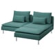 Modern teal sectional sofa with chrome legs, plush cushions, and clean lines. Perfect for contemporary living spaces.