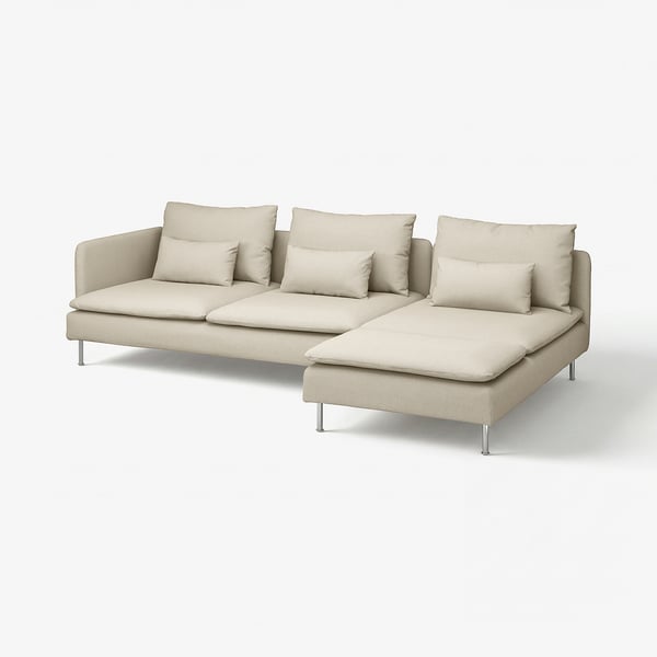 SÖDERHAMN beige modular sofa, light grey, low-profile, deep seats, metal legs, reversible chaise, soft cushions.