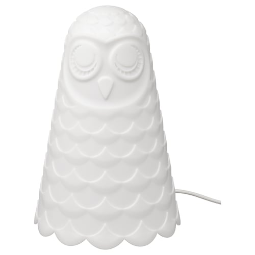 White, owl-shaped SOLBO lamp. Made from polycarbonate and polypropylene plastic. Soft mood light for bedside.