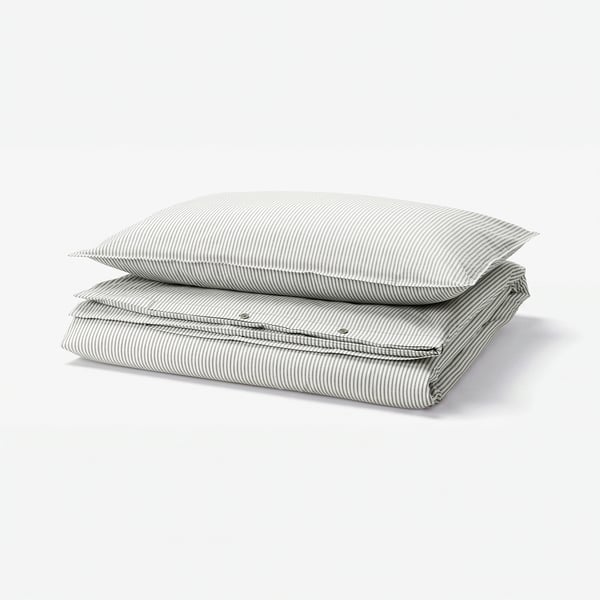 Image shows SOLFIBBLA duvet cover set featuring grey and white stripes on folded rectangle pillows. Made of 100% cotton.