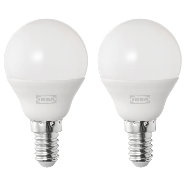 Two identical round SOLHETTA led bulbs in white colour, made of plastic and aluminium, standing side by side.
