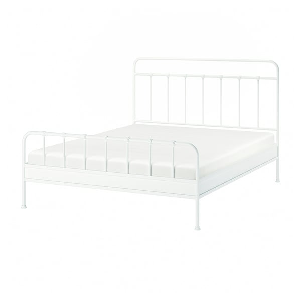 Depicts a STJÄRNÖ bed frame in white. It a classic design with curved headboard and footboard, made of powder-coated steel.