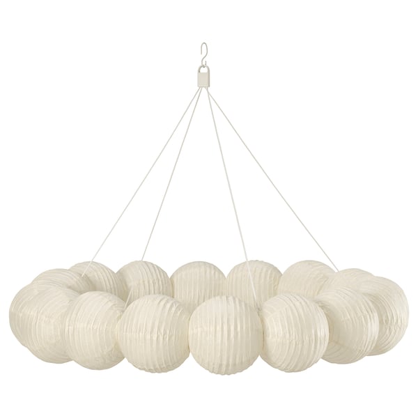 STRÅLA white pendant lamp, round shape, with multiple layers of paper shades. Hangs from a central hook, diffuses soft, dimmable light.