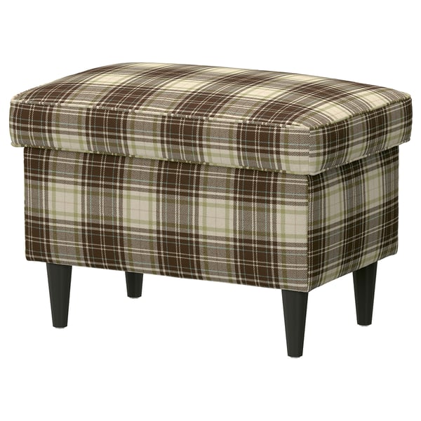 STRANDMON footstool, plaid pattern, wooden legs, storage, brown, cosy, rectangular.