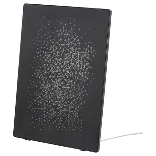 A black SYMFONISK wifi speaker with a white geometric pattern, featuring a sleek, rectangular shape with rounded edges and a modern design.