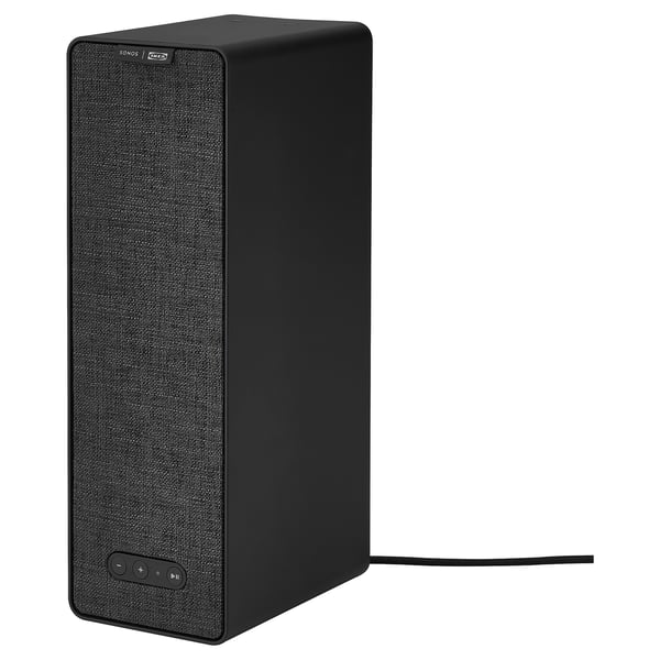 A black SYMFONISK wifi speaker by IKEA and sonos. Its rectangular, fabric-wrapped, and designed to be used vertically or horizontally as a shelf.