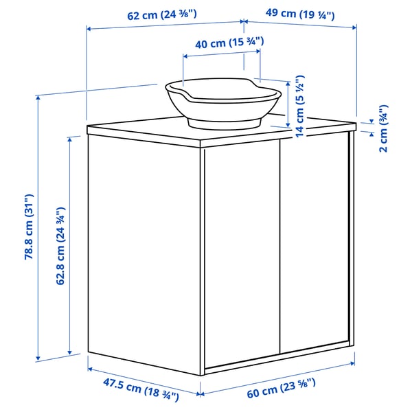 TÄNNFORSEN / VÄSTERSJÖN Wash-stnd w doors/wash-basin, light grey/white marble effect, 62x49x79 cm