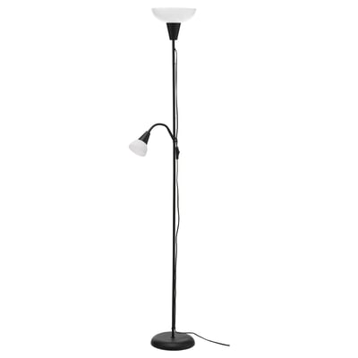 A TÅGARP lamp in black. It has a tall base, two lamp heads, one adjustable. Made of steel and plastic, its designed for reading and room lighting.