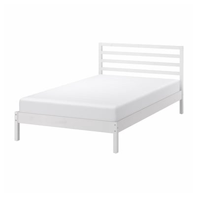 TARVA white bed, minimalist design, pine wood frame, slatted base, clean lines.