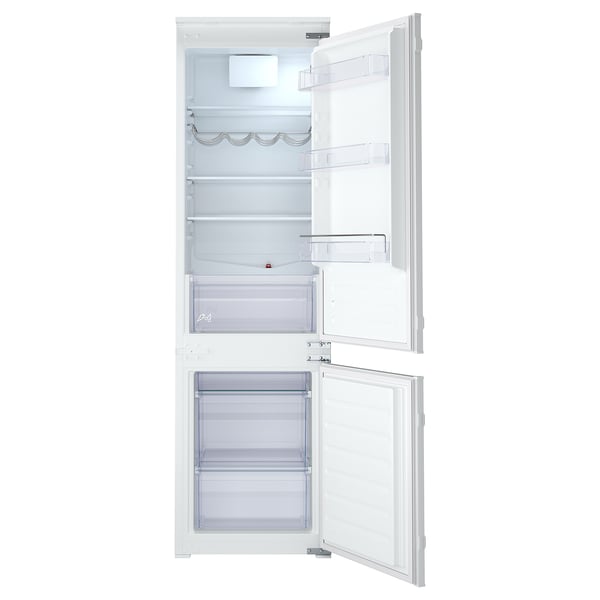 White fridge-freezer combo, open doors showing empty compartments and adjustable shelves. Built-in design.