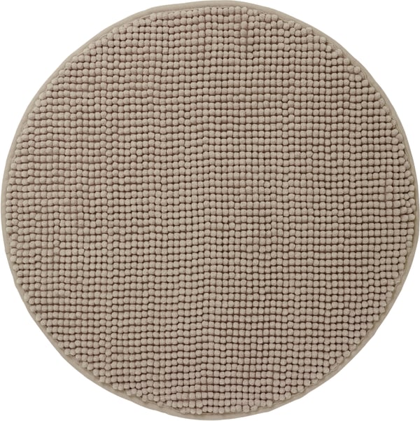 TOFTBO round bath mat, beige. Soft, recycled polyester, pebble-textured design. Machine-washable, quick-drying.