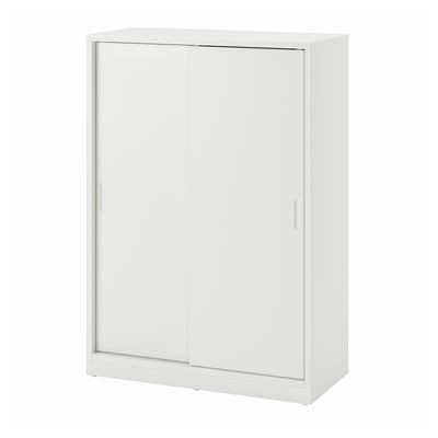 Off-white storage cabinet with sliding doors, modern design.