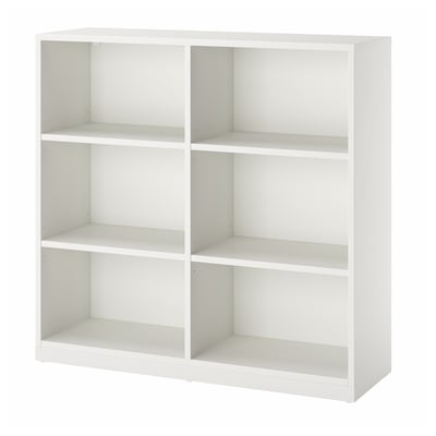 A white TONSTAD bookcase with four adjustable shelves. It has a modern, minimalist design, made from particleboard and painted white.