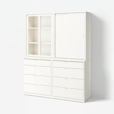 Off-white TONSTAD storage unit with glass doors and drawers.