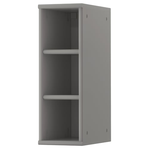 A grey TORNVIKEN open cabinet. Its tall and slim, made of fibreboard, with a simple, modern design.
